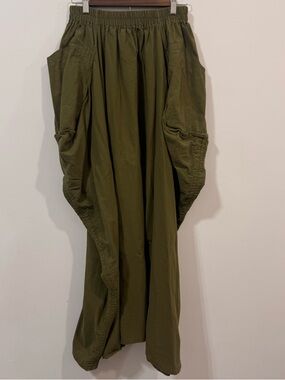 Thaluta Oversized Pockets Olive Green Cotton Elastic Waist Maxi Skirt Size S